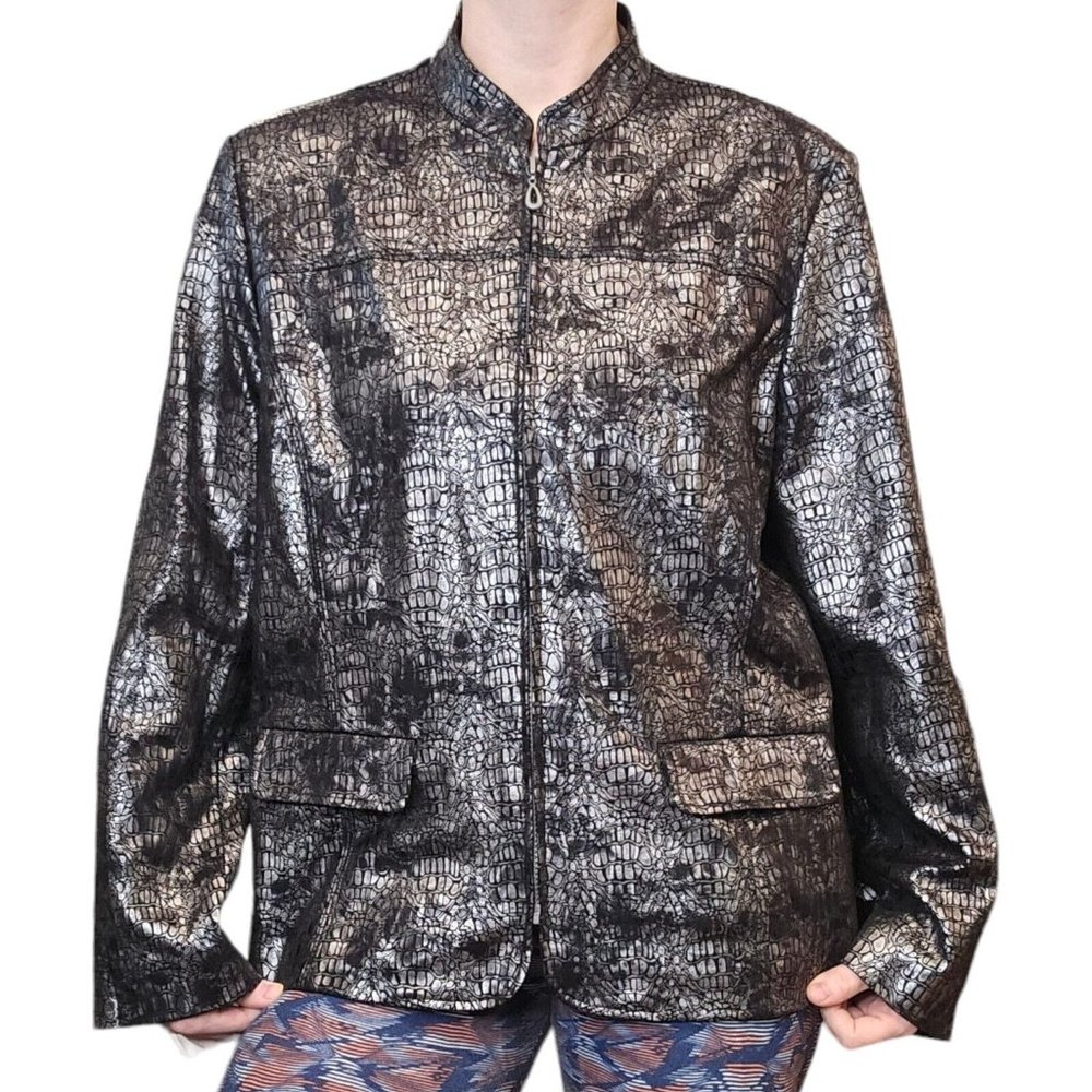 Womens‎ 16 Silver Metallic Snake Print Statement Jacket Evening Full Zip